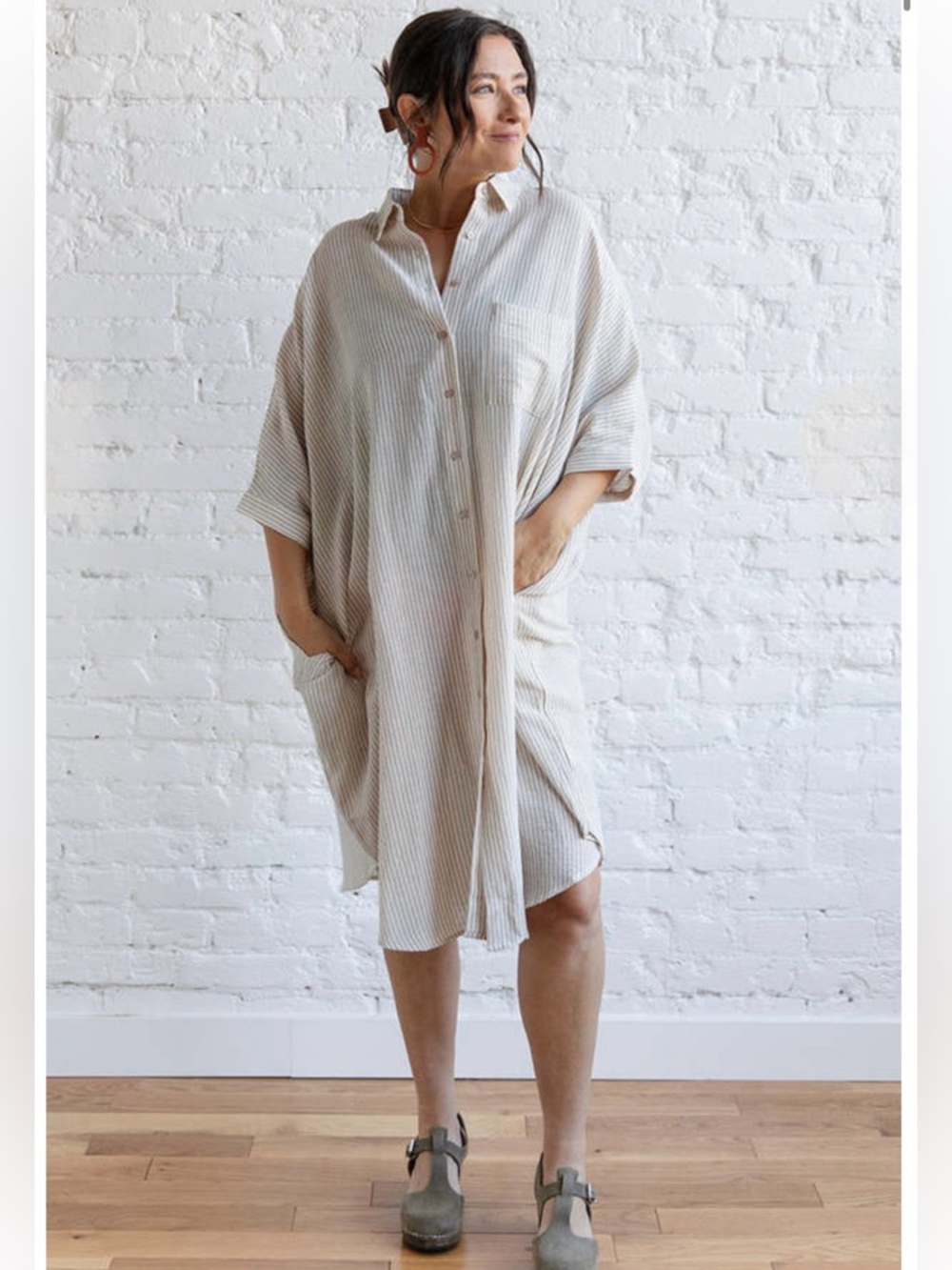 Grade & Gather Button Down Shirt Dress Womens Small Linen Cotton Blue White